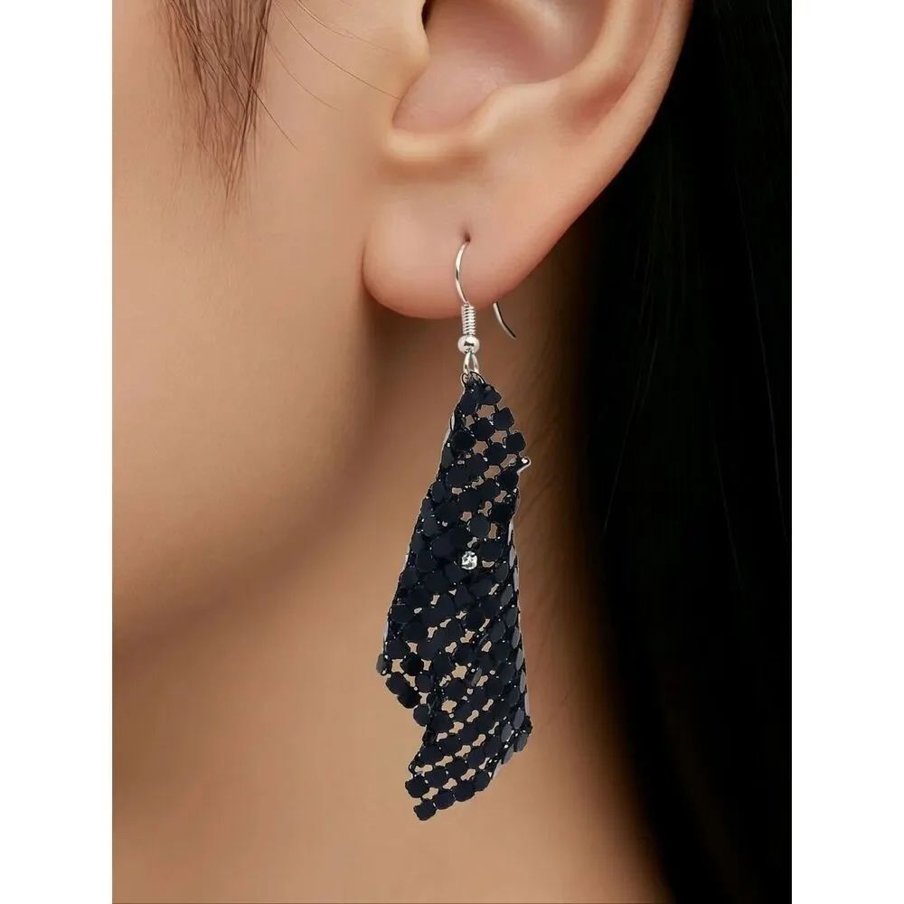 Black Sequin Mesh Earrings Sparkly Rectangle Dangle Elegant Edgy Chic Goth Glam